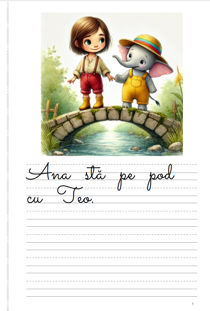 Romanian language early reader book featuring Ana and Teo with Montessori-style cursive writing and child-friendly illustrations