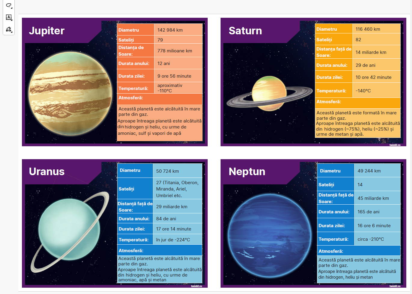 Final version of Romanian solar system information cards with optimized layout and professional formatting