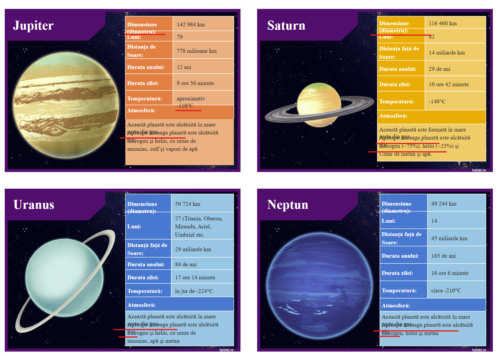 LinguWhee translated solar system cards in Romanian showing improved text formatting and layout